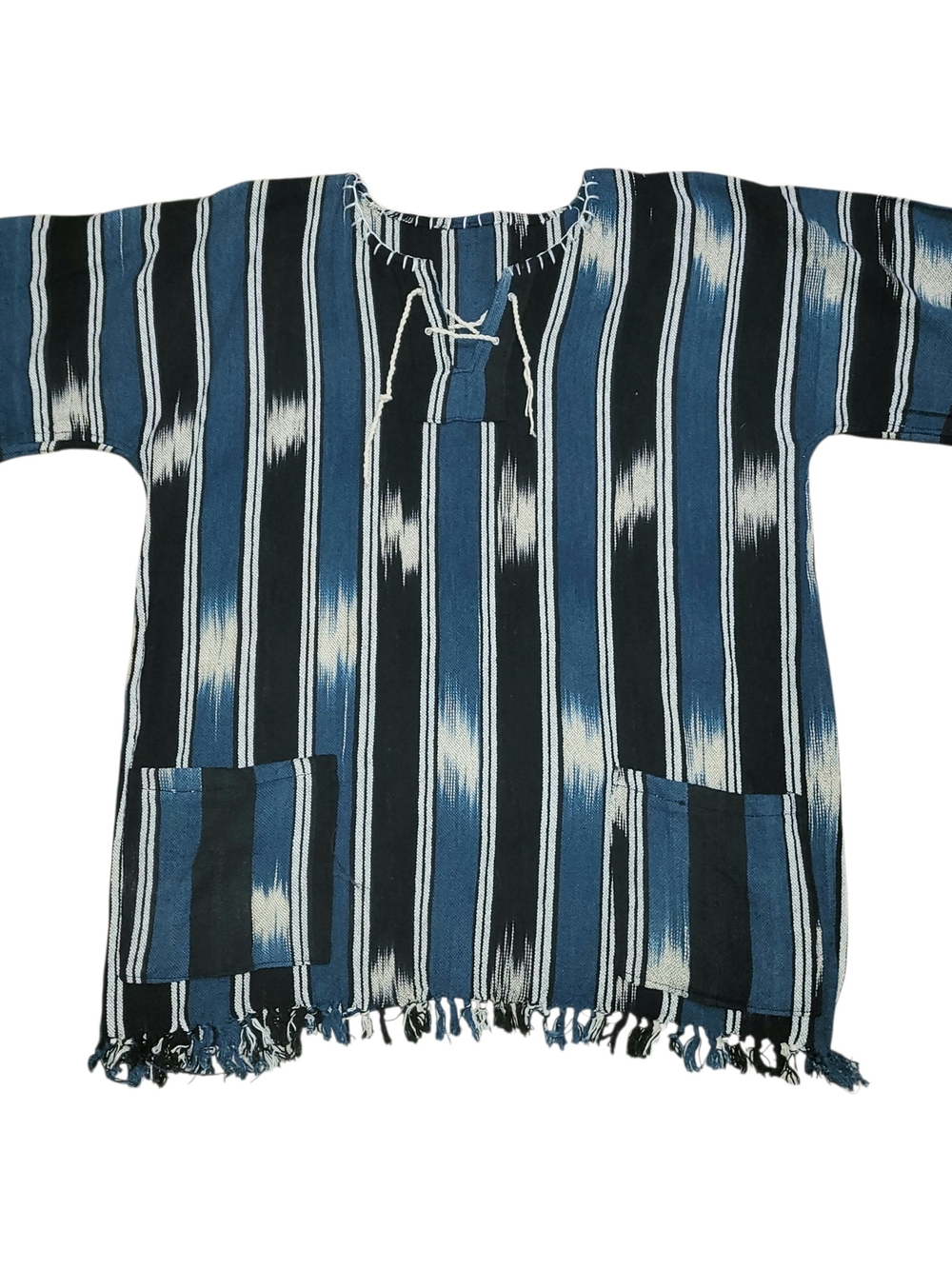 Mexican poncho linen 2 pocket pullover striped gray black hippy boho Vintage Tee